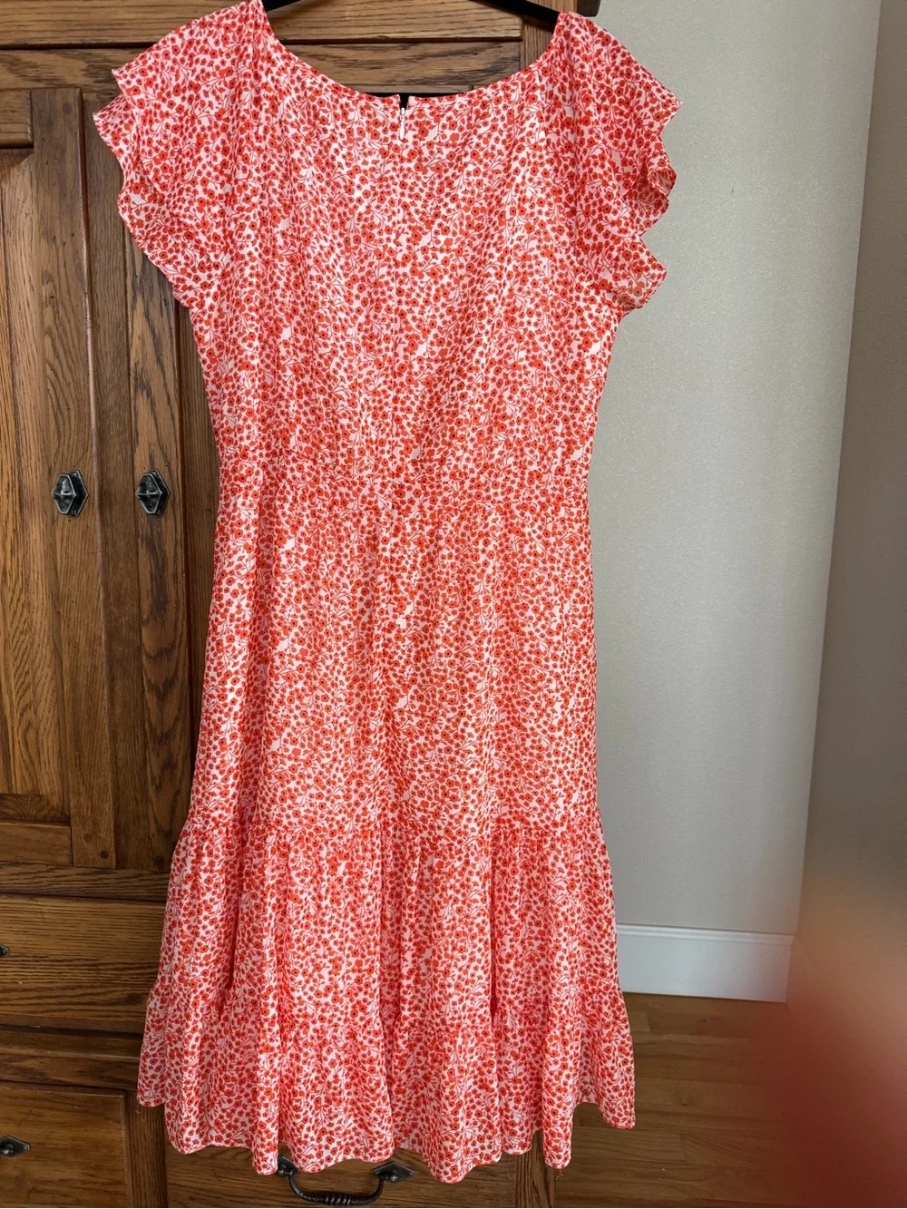 J. Crew Coral Floral Midi Dress with Ruffle Sleeves size 10